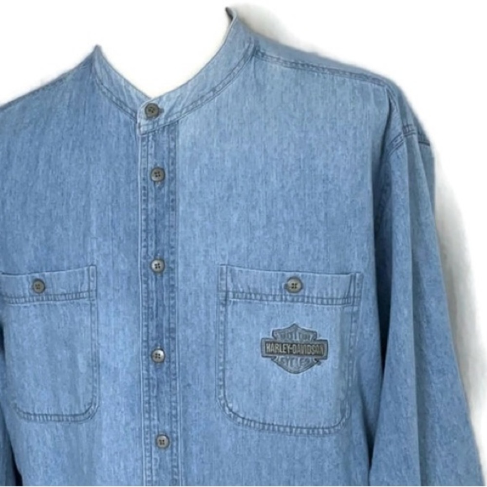 Vintage Harley Davidson Men’s Mandarin Collar Long Sleeve Shirt in Denim Blue - Picture 3 of 12